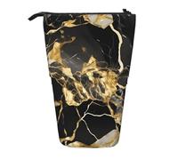 MIEKGPS Portalápices telescópico con textura de mármol negro con estampado dorado y bonito estuche de maquillaje portátil