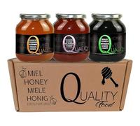 Miel pura de abeja 100%. Miel cruda sin pasteurizar ni calentar. Pack regalo y degustación 3x500g. Tarro de cristal. Origen España.