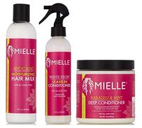 Mielle Organics Leche hidratante para el cabello de aguacate 8 oz, acondicionador sin enjuague de peonía blanca 8 oz y acondicionador de aceite de babasú y menta profunda 8 oz