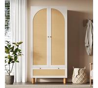 Mielvu Armario con 2 puertas y ratán, estilo rústico, color blanco, con cajón grande, estantes ajustables en altura y barra para ropa, incluye protección antivuelco, 180 x 85 x 52 cm (alto x ancho x