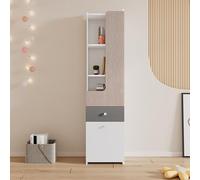 Mielvu Estantería alta para adolescentes con puerta en forma de L con cajón, armarios de almacenamiento, puertas con bisagras, botones cuadrados de metal, MDF, color blanco + olmo claro + gris