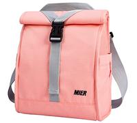 MIER Bolsa de almuerzo con aislamiento enrollable para mujeres, hombres, adultos, adolescentes, plegable, con correa para el hombro, para trabajo, oficina, picnic, escuela, soporte para botella de agua, color rosa