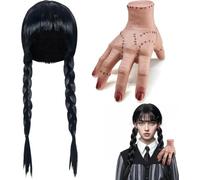 Miércoles Pelucas,Peluca Mujer,Mano Fría Hielo (Cosplay) | Miércoles Addams Peluca,Peluca Negro Pelo Largo,Peluca Niñas Negro Trenzado Pelucas para Cosplay Fiesta Halloween