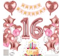 MIEWAA Globos 16 Cumpleaños Chica, Adornos Fiesta Decoracion 16 Años Cumpleaños con Banner HAPPY BIRTHDAY, Globo Foil Número 16 Grande, Corazón y Estrella, Globos Latex y Confeti Rosa
