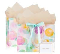 Mifferer Bolsas de regalo para regalo, paquete de 2 bolsas de regalo medianas con 2 envoltorios y 2 tarjetas, bolsas de regalo de papel, bolsas de compras con asas para mujeres y hombres, cumpleaños,