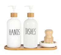 MIFXIN - Juego de 2 dispensadores de cristal para jabón, con bandeja y cepillo de bambú para platos, dispensador de jabón de manos y lavavajillas de 500 gr, con diseño decorativo rústico y dispensador