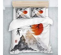 MIGAGA nórdico Juego de Ropa de Cama de 3 Piezas,otoño-Invierno,Árboles de bambú japoneses Sol y montañas Pintura de Tinta asiática Impermeable,1 Funda Nórdica y 2 Funda de Almohada (220 x 240cm)