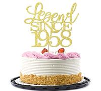 Migeaks Decoración para tartas de cumpleaños número 65 de leyenda desde 1958, decoración para tartas de cumpleaños para hombres y mujeres de 65 años hecha a mano con purpurina dorada