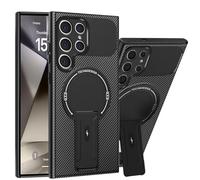 Migexxkj Funda para Samsung Galaxy S24 Ultra Funda para Mag-Safe Magnética con Soporte, Fibra de Carbono Textura Antideslizante Hard PC Rugged Resistente a Golpes Carcasa para Samsung S24 Ultra Case