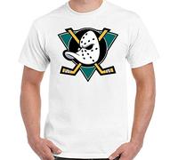 Mighty Ducks - Camiseta de hockey sobre hielo para hombre, diseño de película divertida, palo, puck, casco, protecciones, color blanco, talla L