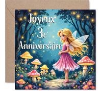 Mignonne Carte d'Anniversaire 3 Ans - un Souffle de Magie pour Fêter 3 Ans - Fée Joyeuse Entourée de Champignons et Forêt Colorée - 145 mm Carré, Enveloppe Incluse