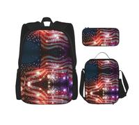 Migpkd Bolsa escolar brillante con diseño de bandera americana de fuegos artificiales, estuche para el almuerzo, mochila para niños, mochila escolar