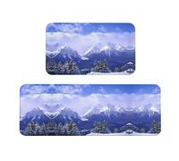 Migpkd Juego de 2 alfombrillas de cocina con vista a la montaña y nieve azul cielo blanco para suelos antifatiga para alfombras acolchadas impermeables antideslizantes