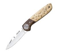 MIGUEL NIETO Navaja Coyote 047 de 18 cm, con Hoja de Acero NA-58 de 7,5 cm. Mango de Virola de Palo Violeta y cachas de Abedul Rizado, Sistema de Cierre de Piston