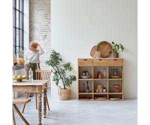 Miho - Biblioteca baja de teca maciza y terrazo prémium rosa H 112 x B 120 x T 40 cm