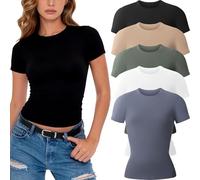 miijoory Pack de 5 Camiseta Manga Corta Mujer Ajustada Cuello Redondo Top Básico Elástico Casual T-Shirt Verano Tops(L,Negro, Blanco, Nude, Verde Oliva, Azul)