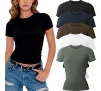 miijoory Pack de 5 Camiseta Manga Corta Mujer Ajustada Cuello Redondo Top Básico Elástico Casual T-Shirt Verano Tops(M,Negro, Blanco, Azul Marino,Marrón, Verde Oliva)