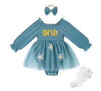 Miipat Bebé Niña 1er Año Cumpleaños Vestido Manga Larga Primer Cumpleaños Abitini Fotografía Ropa Conjuntos con Banda de Cabezay Calcetines 9-12 Meses