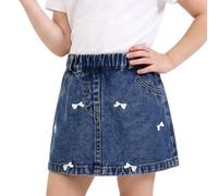 Miipat Faldas Vaqueras para Niña Faldas Vaqueras de Corte Acampanado con Cintura Elástica Faldas-Pantalón Deportivas y Bolsillos con Lazo Bordado Bonita Falda Vaquera(Lazo Azul Oscuro,3-4Años)