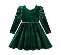 Miipat Vestido de Terciopelo para Niñas, Perlas Vestido de Otoño e Invierno Elegante Mangas Largas Princesa Vestidos para Cumpleaños Boda Fiesta Festivas（Verde Oscuro, 5-6 Años ）