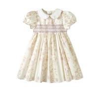 Miipat Vestidos de Algodón para Niñas, Vintage Vestidos Estampado Floral Fruncidos de Verano Mangas Abullonadas y Cuello Peter Pan Vestido Casuales Niños(Estampado floralrosa,4-5Años)