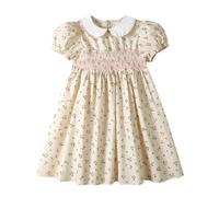 Miipat Vestidos de Algodón para Niñas, Vintage Vestidos Estampado Floral Fruncidos de Verano Mangas Abullonadas y Cuello Peter Pan Vestido Casuales Niños(Estampado floralbeige,3-4Años)