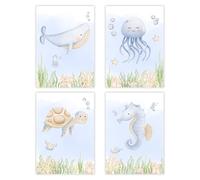 møij Juego de 4 imágenes para habitación de bebé, póster A4 sin marco, animales marinos azules, decoración para niñas y niños