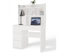 MIJAS Escritorio izquierdo con estante superior, blanco mate, 4 cajones, 4 estantes para oficina