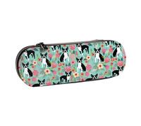 MIJKO Boston Terrier con Flores, Estuche para lápices Estuche para lápices de Cuero de PU Estuche para lápices de Gran Capacidad Estuche para lápices Bolsa de cosméticos