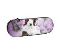 MIJKO Perros de Primavera Border Collie marrón con Flores, Estuche para lápices Estuche para lápices de Cuero de PU Estuche para lápices de Gran Capacidad Estuche para lápices Bolsa de cosméticos