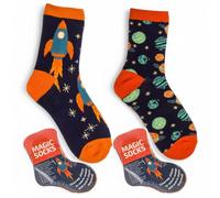 MIJOMA 2 pares de calcetines mágicos para niños, EU22-34, calcetines acogedores con efecto sorpresa, ricos en algodón, lavables a máquina, cumpleaños, Navidad y calendario de Adviento, Espacio