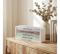 MIJOMA Bloque decorativo de madera con texto en alemán "Family" - 32 frases inspiradoras para cambiar en estilo Shabby Chic - Caja de madera para colocar de pie con frases motivacionales para el hogar