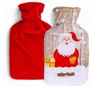MIJOMA Bolsa de agua caliente con funda suave de aproximadamente 1 litro, diseño de Navidad, suave y reutilizable, ideal para calentar en invierno (Papá Noel)