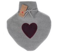 MIJOMA Bolsa de agua caliente de 0,85 l con funda de punto y diseño de corazón, 100 % poliéster, calmante para el vientre y el alma, 26 x 22 cm (gris)