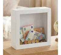 MIJOMA Caja de ahorros de madera con frontal de vidrio - marco decorativo para regalos de dinero para boda, cumpleaños, viaje y más - creativa caja de ahorros (en blanco - blanco, 15 x 15 x 5 cm)