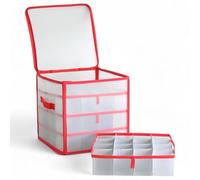 MIJOMA Caja organizadora para bolas de Navidad y adornos navideños, plegable, transparente, 31,5 x 31,5 x 31,5 cm, para 64 piezas, color rojo
