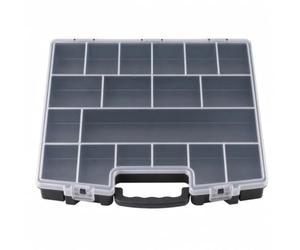 MIJOMA Caja organizadora para piezas pequeñas, caja organizadora con 18 compartimentos, con tapa, plástico, 36 x 29 x 6,5 cm