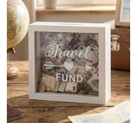 MIJOMA Caja para ahorros de madera con frontal de vidrio - marco decorativo para regalos de dinero para boda, cumpleaños, viaje y más - caja creativa (Travel Fund - blanco, 15 x 15 x 5 cm)
