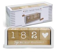 MIJOMA Calendario anual de cuenta regresiva de madera, calendario de mesa con cubos decorativos, hasta 432 días para ocasiones especiales (blanco/natural, edición alemana, aprox. 18 × 7 × 5,5 cm)