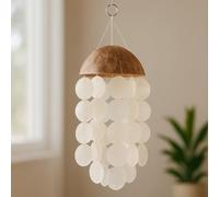 MIJOMA Capiz Carillón de viento para interior y exterior, hecho a mano, campanilla con conchas, decoración de jardín, regalo para terraza, jardín, 45 cm, diámetro de 13-14 cm, madera de coco (blanco,