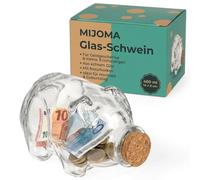 MIJOMA Cerdo de cristal con corcho natural - 400 ml de tarro de almacenamiento como hucha y regalo de dinero para bodas, cumpleaños, inauguración y recuerdos especiales