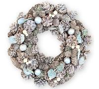 MIJOMA Corona de Navidad con piñas, bonita decoración invernal para pared y puerta, corona de Adviento hecha a mano con piñas, abeto artificial y bayas (plata/marrón)