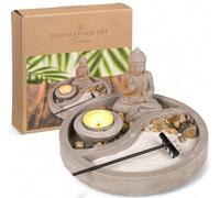 MIJOMA Figura de Buda en plato de cemento con portavelas, rastrillo, piedras decorativas y arena - Juego de jardín zen para paz interior y armonía (redonda Ø 19 cm)