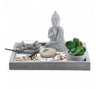 MIJOMA Figura de Buda en plato de cemento con portavelas, rastrillo, piedras decorativas y arena, juego de jardín zen - Decoración espiritual para la paz interior y la armonía (rectangular 25 x 18 cm)