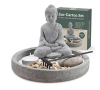 MIJOMA Figura de Buda en plato de cemento con portavelas, rastrillo, piedras decorativas y arena, juego de jardín zen - Decoración espiritual para la paz interior y la armonía (redonda Ø 18 cm)