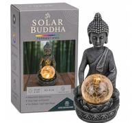 MIJOMA Figura de Buda solar - Bola de cristal LED que cambia de color de craquela, para jardín y decoración, impermeable, poliresina y cristal, 20 x 8 cm, meditación y espiritualidad