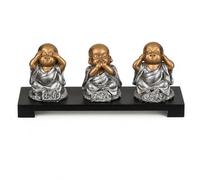 MIJOMA Figura Decorativa 3 Buda Sentado sobre Banco de Madera | Motivo: No veas, digas, no escuches el Mal | Dimensiones: 20 x 9 cm | Material: combinación de poliresina y Madera | Accesorio espiritu