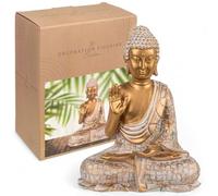 MIJOMA - Figura decorativa de Buda, Oro y Blanco, estilo vintage, poliresina, 14-34 cm de altura, con soporte para vela opcional - Paz espiritual y elegancia (16,5 x 10 x 21 cm)