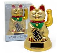 MIJOMA Figura móvil con panel solar, plástico, 10 cm de alto, no necesita pilas, para alféizares de ventanas, coches y lugares soleados (gato angular, oro mate)