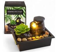 MIJOMA Fuente de habitación con iluminación LED, suculenta artificial y piedras decorativas, fuente de mesa a pilas para ambiente relajante, 17,5 x 11 x 11,5 cm